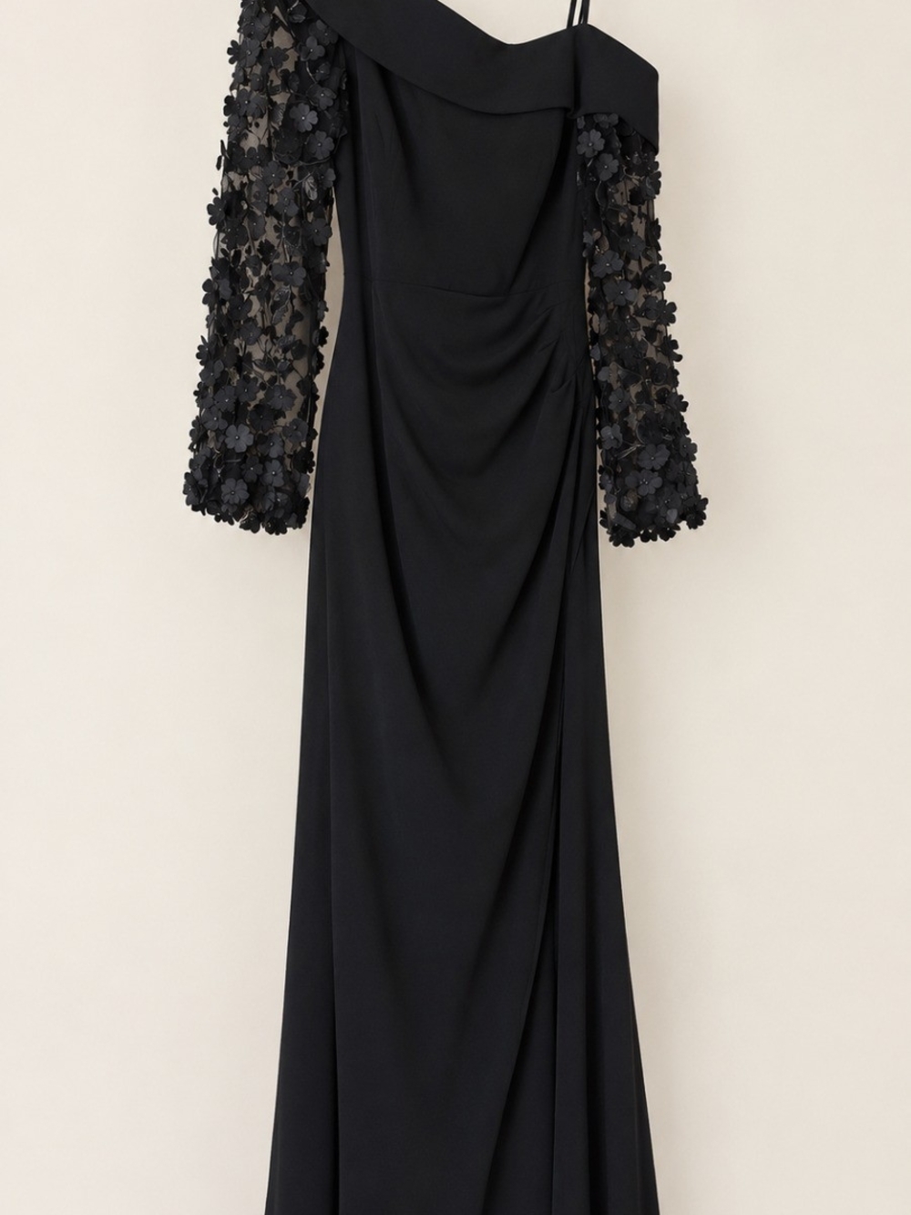 Black Off-Shoulder Long Sleeve Evening Dress with Floral Appliqué Sleeves